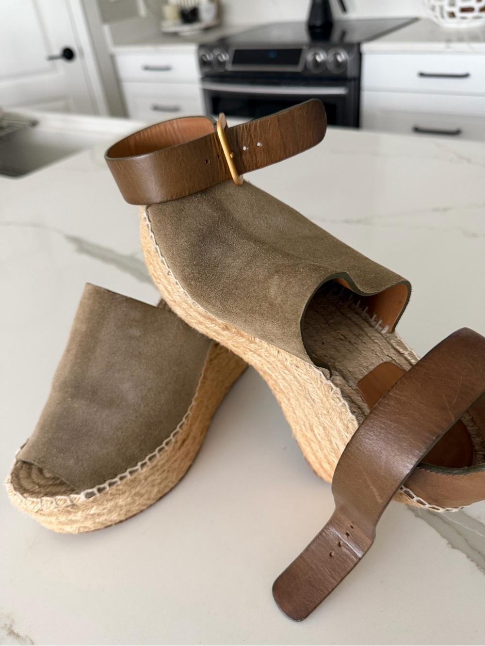 Chloe Olive Suede Espadrille Wedges with Brown Leather Ankle Straps